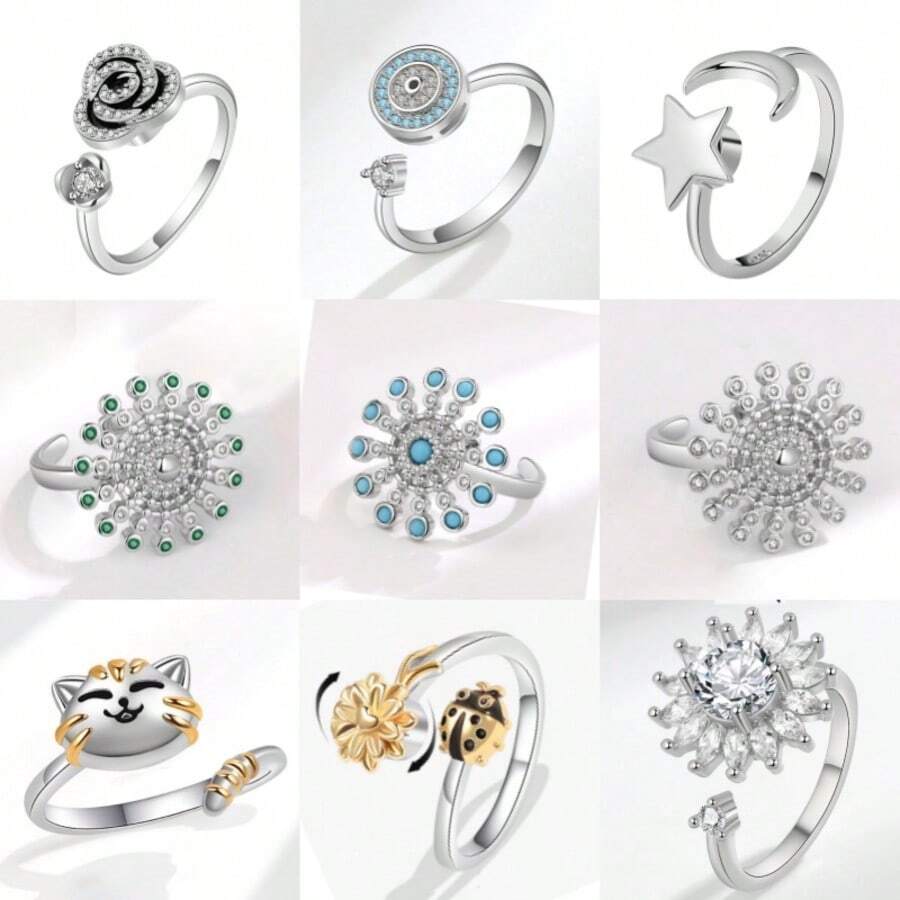 1 件时尚女士缓解焦虑和烦躁戒指，复古花朵，猫戒指，缓解压力，女士指环，抗压婚礼珠宝 - 銀色 - 查看 1