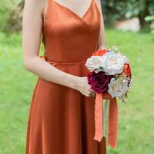 Dusty Blue Wedding Bouquets For Bride Bridesmaid, White Wedding Artificial Roses Flowers For Wedding Bouquets Ceremony, Anniversary - Burnt Orange & Burgundy & Cream - View 9