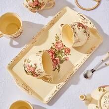 Juego de té de porcelana con rosas vintage, tazas de té con tetera, bandeja de servir y cucharitas, servicio para 4 personas, adecuado para regalos de fiestas de té - Multicolor - Ver 6