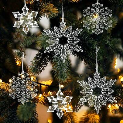 10pcs Transparent Acrylic Crystal Snowflake Pendant - Tree Toppers For Winter Wonderland Scene Decor, Festive Room Decoration, DIY Hanging Ornament For Home, Office, Corridors, And Windows Festive Tree Ornaments|Faceted Crystal Ornaments,Suitable For Christmas, Halloween, New Year, Valentine'S Day, Universal Decor.