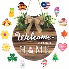 Hatisan Welcome Sign Front Door Decoration, Rustic Round Wood Wreaths Wall Hanging Outdoor, Farmhouse, Porch, Front Door Sign Wreath, For Spring Summer Fall All Seasons Holiday Halloween Christmas - 復古色 - 查看 1