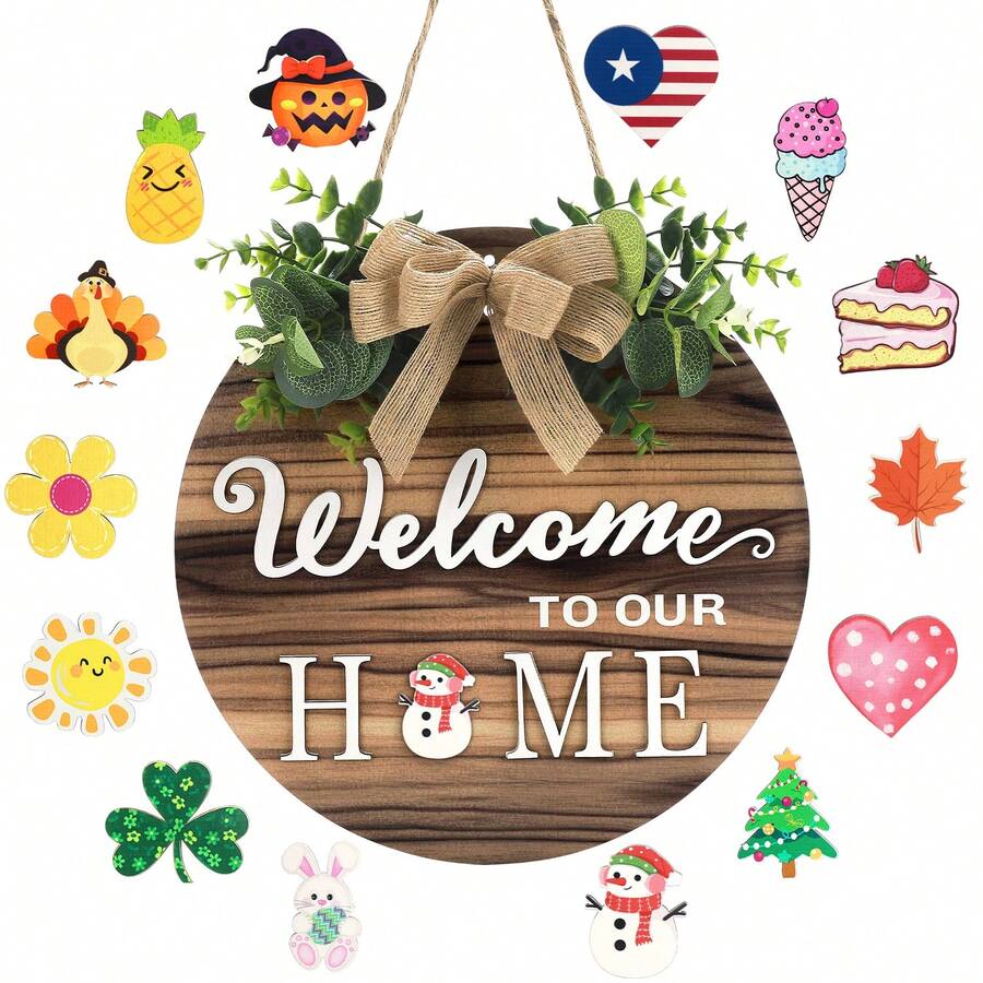 Hatisan Welcome Sign Front Door Decoration, Rustic Round Wood Wreaths Wall Hanging Outdoor, Farmhouse, Porch, Front Door Sign Wreath, For Spring Summer Fall All Seasons Holiday Halloween Christmas - 復古色 - 查看 1