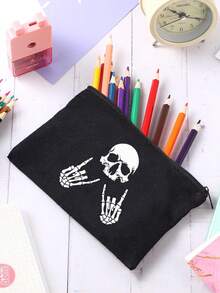 1pc Black & Beige Halloween Cartoon Makeup Bag, Fashionable And Versatile, Suitable For Daily Outings And Multi-Purpose Storage Of Cosmetics, Stationery, Coins, Etc., Convenient To Carry, Great For Graduation, Birthday, Halloween, Parties And Other Gifting Occasions