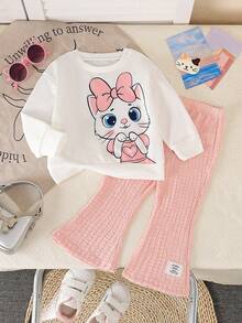 女婴可爱卡通猫咪印花长袖圆领卫衣 + 褶皱喇叭裤套装 - 白色 - 查看 2