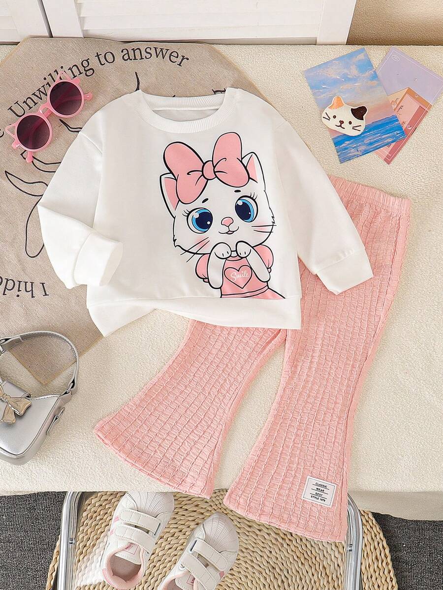 女婴可爱卡通猫咪印花长袖圆领卫衣 + 褶皱喇叭裤套装