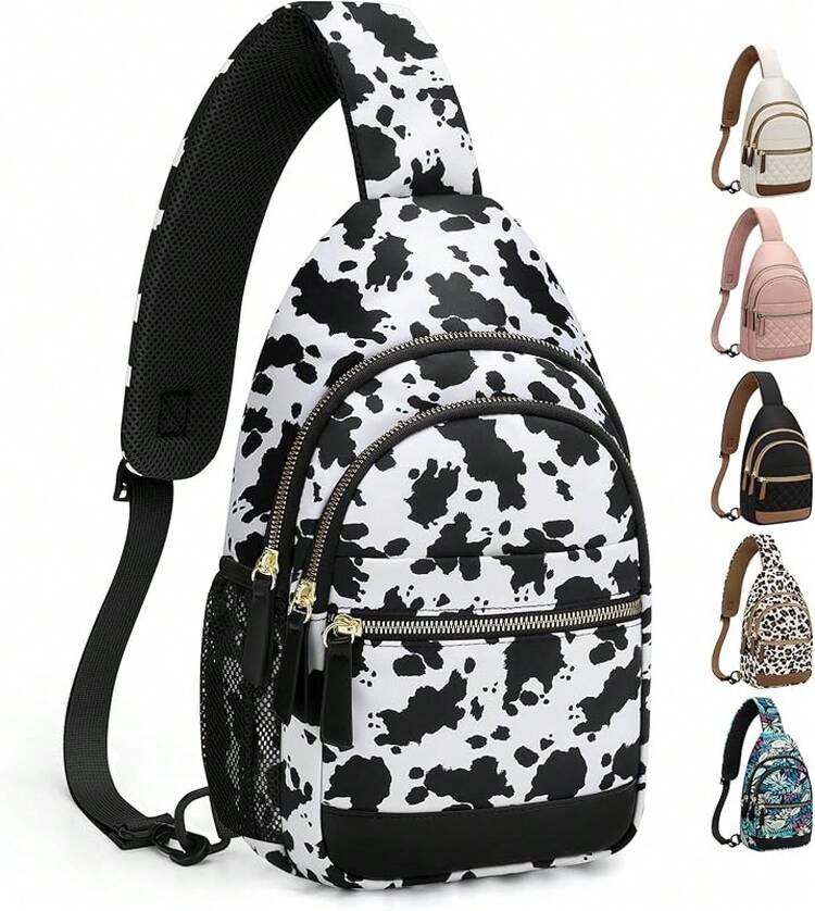 Bolsa de bandolera para mujeres y hombres, bolsas cruzadas impermeables para mujeres, riñonera casual de moda con correa de hombro convertible, bolsa de pecho para viajes y senderismo (beige, mediana) - Estampado de vaca - Añade 12