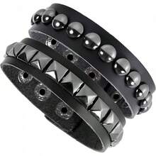 Eigso 3 Pcs Leather Punk Bracelets Men Women Of Rock Rivet Wrap Retro Spike Bracelet Adjustable - Black-6 - View 1