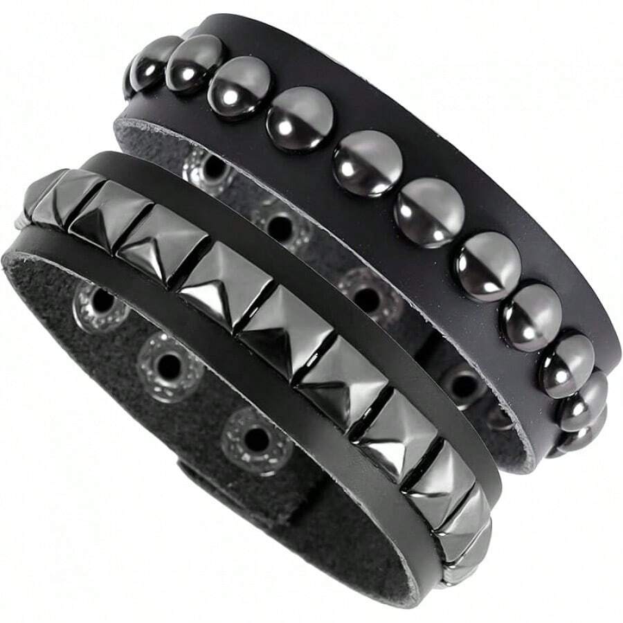 Eigso 3 Pcs Leather Punk Bracelets Men Women Of Rock Rivet Wrap Retro Spike Bracelet Adjustable - Black-6 - View 1