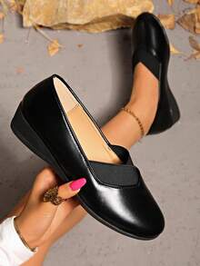 1 Pair Women's Comfortable Wedge Heel Flats, Versatile Simple Design Slip-On Round Toe Casual Shoes, Suitable For Spring & Autumn, Plus Size - Black - View 5