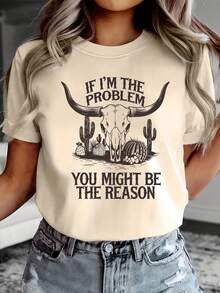 大码女式休闲夏季 T 恤，带有沙漠仙人掌和公牛头骨印花 - “如果我是问题，那么你可能是原因”图案 T 恤，宽松版型 T 恤，俏皮的标语设计，舒适，沙漠主题服装 - 卡其色 - 查看 1