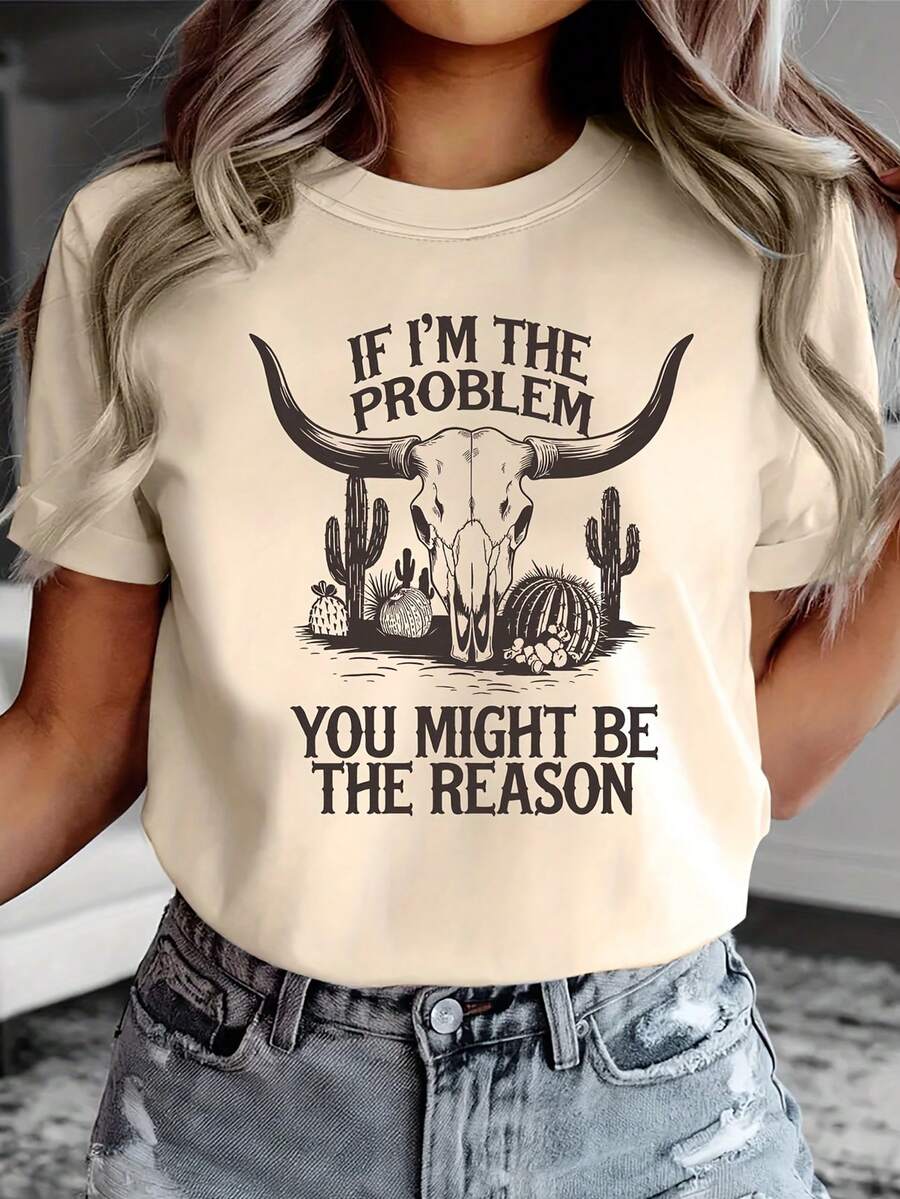 大码女式休闲夏季 T 恤，带有沙漠仙人掌和公牛头骨印花 - “如果我是问题，那么你可能是原因”图案 T 恤，宽松版型 T 恤，俏皮的标语设计，舒适，沙漠主题服装 - 卡其色 - 查看 1