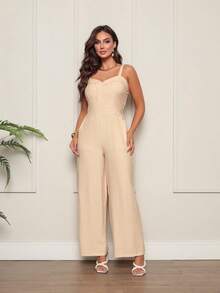 Women's Wide Leg Jumpsuit With Adjustable Straps, Fitted, And Elastic Waist. Casual Chic Style. - 米色 - 查看 1