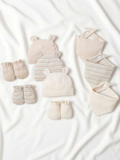 9 件纯色条纹柔软新生儿帽子、围兜、手套套装，包含可爱熊耳图案帽子、围兜、头巾围兜、手套，适合男婴和女婴，超值礼品套装