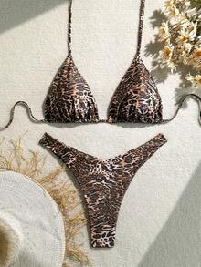 豹纹加大码挂脖比基尼，丁字裤底，高弹力泳衣，女士休闲性感款 - 銅色 - 查看 6