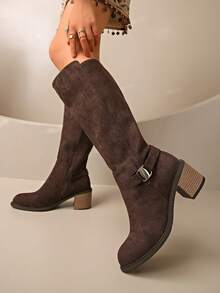 Jesień/zima 2025 Nowe, zabytkowe, za kolano, wysokie, damskie buty do jazdy konnej, grube, długie buty na obcasie z klamrą do paska, kowbojskie buty westernowe - Brązowy - Zobacz 7