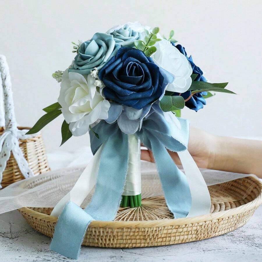 Dusty Blue Wedding Bouquets For Bride Bridesmaid, White Wedding Artificial Roses Flowers For Wedding Bouquets Ceremony, Anniversary - Dusty Blue - View 1