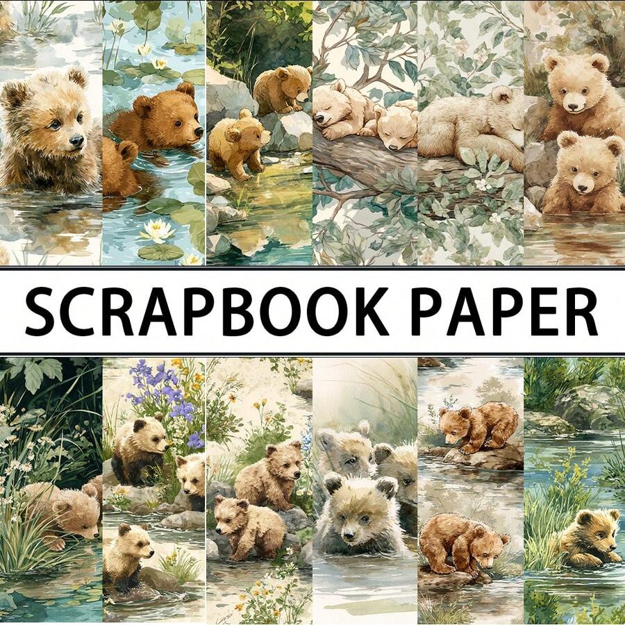 Bloco de papel para scrapbook com 24/36 peças, 5,9 x 5,9 polegadas, urso fofo brincando na água, papel para scrapbook, conjunto de papel para scrapbook de um lado, adequado para bullet journaling, faça você mesmo, fundo decorativo, criação de cartões, suprimentos para scrapbook - Multicolorido - Ver 1