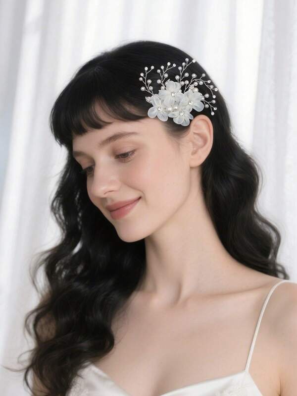 1 pieza Peineta con flor para el cabello, tocado de boda con cristales de Rhinestone plateados, accesorio para el cabello de la novia con perlas para mujeres