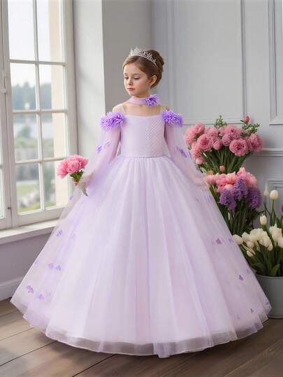 Tween Girls Tulle Long 3D Floral Princess Dress, Elegant Luxurious Formal Gown Suitable For School Dance, Prom, Evening Party (Headband Not Included)