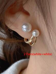 2pcs Faux Pearl Earrings, Can Be Worn As Studs Or Dangle Earrings, Modern Design Ladies' Accessories, Vintage Style Ear Jewelry With Geometric Rhinestone & Pearl Ring Decoration