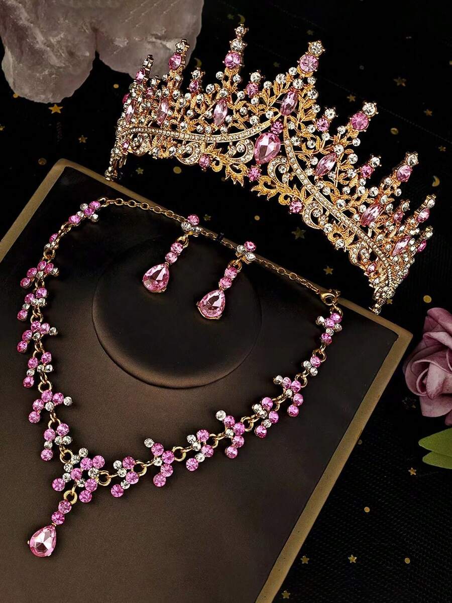 1 Set Bridal Accessories - Red Rhinestone Decor Crown, Necklace, Earrings (4pcs), Wedding Jewelry Set, Suitable For Wedding Dress, Gown, Gold Gala, Wedding Party