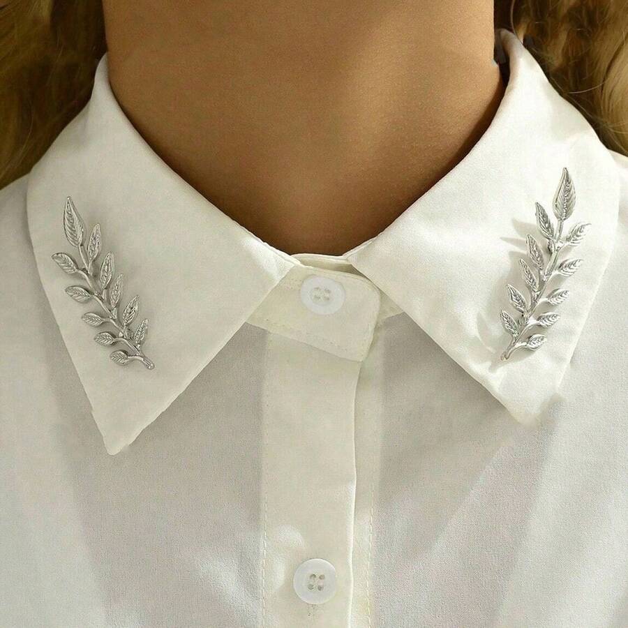 1 Pair Elegant Metal Wheat Ear Brooch, Suit Lapel Pin, Shirt Collar Decor, Groomsmen Accessory - Silver - View 1