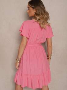Viscose Dress With Wrap Neckline And Belt - Pink - View 3
