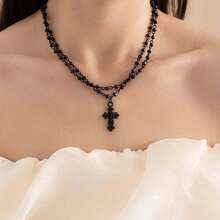 1pc Dark Vintage Cross Chain Pendant Necklace - Black - View 3