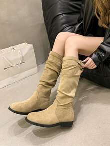 Botas de Bico Quadrado para Mulheres, Botas de Cano Alto Estilo Britânico, Botas de Primavera/Outono, Botas Versáteis de Moda Estilo Ocidental para Mulheres de Baixa Estatura, Botas Plissadas Acima do Joelho para Senhoras