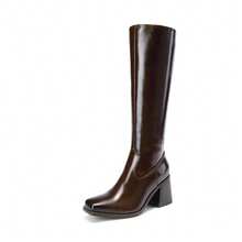 Women's Square Toe Knee High Boots Chunky Heel Side Zipper  Classic Solid Color Fashionable Y2K Party Tall Boots - 巧克力棕 - 查看 11