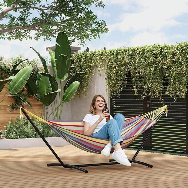 2-Person Hammock With Heavy-Duty Steel Stand,Portable,Easy Assembly, Up To 660lbs With Travel Bag For Camping Outdoor/Indoor Patio Backyard