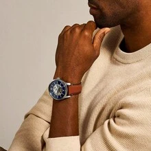 Fossil Townsman 休闲男士自动手表 ME3154 烟灰色圆形表盘和皮革表带时尚手表适合日常佩戴男士生日节日礼物 - 藍色 - 查看 2