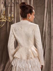 A&A 精致串珠蕾丝拼布提花收腰 V 领开衩下摆西装外套、舞会套装、优雅日常穿着和商务休闲夹克、婚礼宾客礼服、复古风格、端庄、婚礼季、情人节装扮、秋冬、白色派对活动、老派风格、宫廷风格 - 杏色 - 查看 8