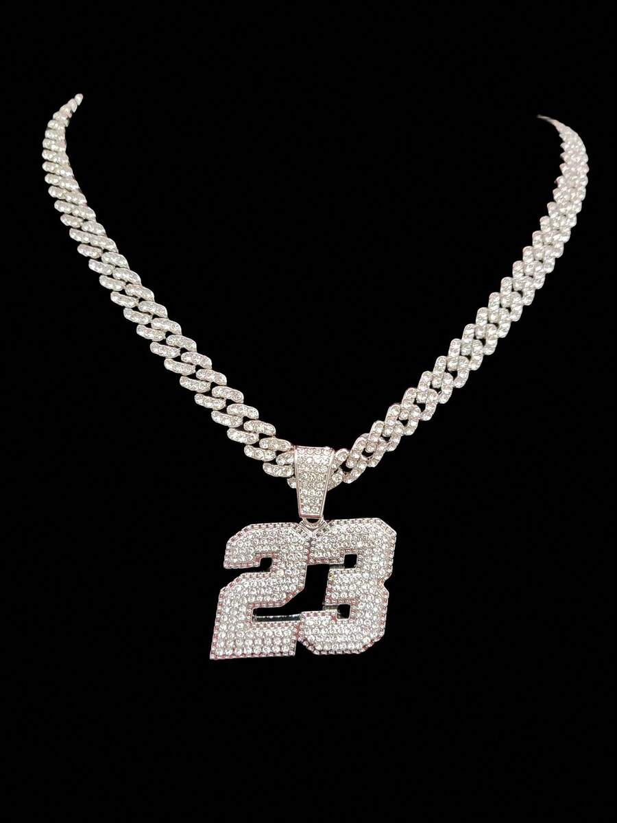 1pc #23 Shaped Pendant With 9mm Cuban Chain, Classic Retro Punk Necklace, Unisex Hip Hop Numeral Pendant Necklace, Suitable For Daily Wear Or Party, 2 Chain Styles Available - Silver - View 1