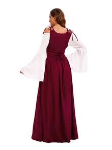 Conjunto de disfraz de época medieval y renacentista para mujer, con corsé retro y vestido, disfraz de princesa victoriana con vestido de tirantes y lazo de color contrastante - Burdeos - Ver 4