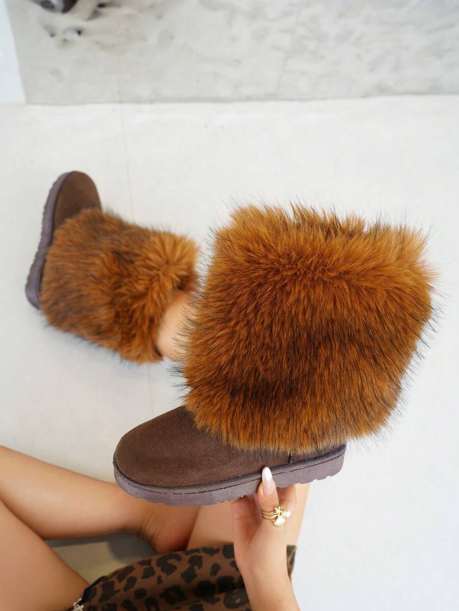 Women's Snow Boots Y2K Solid Color 2025 New Autumn/Winter Non-Slip Plus Size Slip-On Fluffy Faux Fox Fur Boots Thick Warm Fashionable Minimalist Sexy Luxury Slim Fuzzy Shoes Elegant Faux Fur Patchwork Party Brown