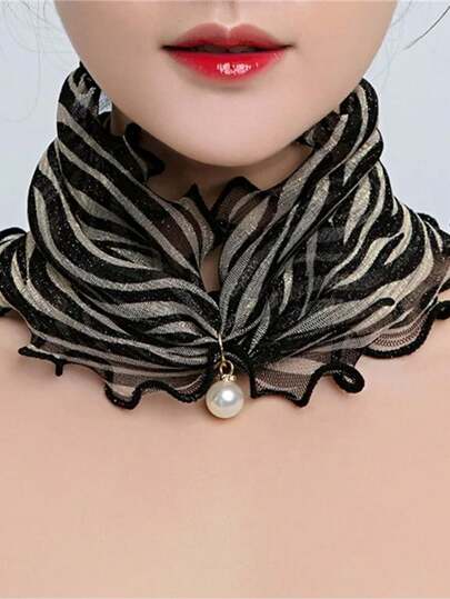 1 Pc Faux Pearl Pendant Scarf Necklace Printed Lace Neck Collar Chiffon Fake Collar