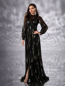 YISIKADO Women Elegant Dress Sequin Contrast Chiffon Glittery Dress High Neck High-Waisted Lantern Sleeve Birthday Party Wedding Guest Banquet Dinner Graduation Dinner Ceremony Celebration Ceremonial Dress - 彩色 - 查看 5