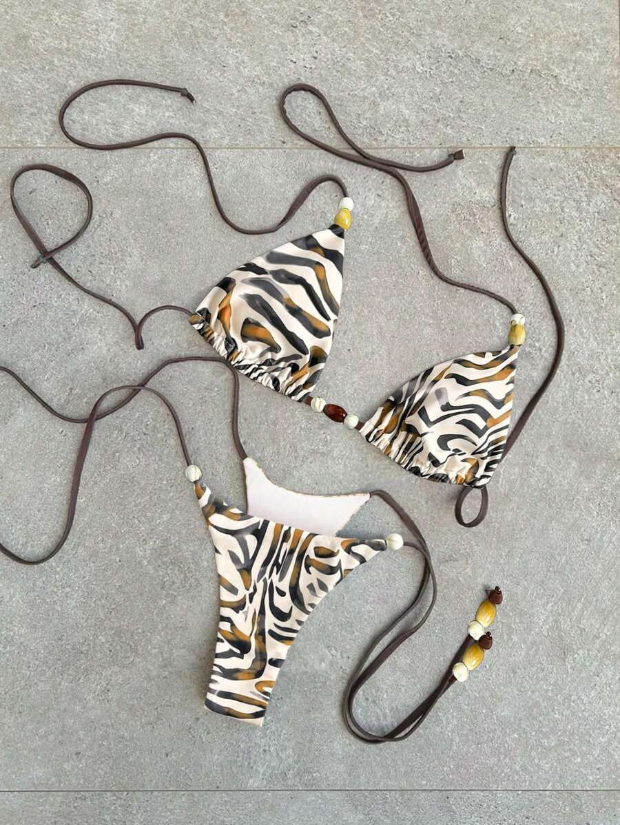 Bikinx 2025年女士假日泳装性感不对称印花比基尼套装，夏季海滩（印花图案可能有所不同） - 彩色 - 查看 1