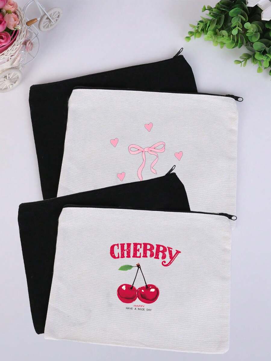 1pc Black & Beige Large Capacity Portable Makeup Bag, Bow, Bear, Cherry Blossom Print, Minimalist & Fashionable, Suitable For Daily Carry, Graduation, Wedding, Back To School, Birthday Gifts