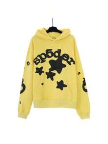 Spider Web Foam Print Hip-Hop Loose Terry Hooded Sweatshirt - 蜘蛛黃 - 查看 2