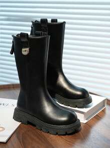 1 双时尚毛绒内衬儿童 PU 皮革高帮靴，防水防滑，冬季百搭