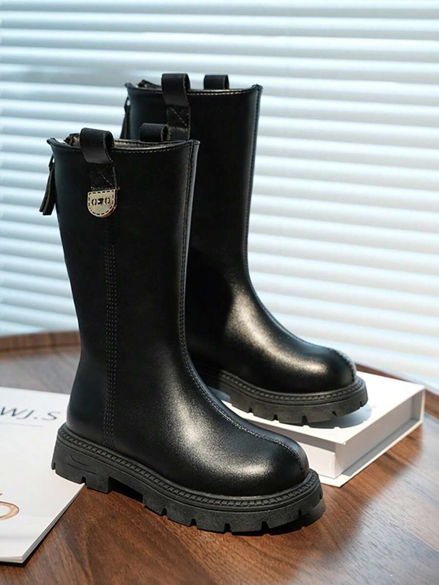 1 Pair Fashion Plush-Lined Children's PU Leather High-Top Boots, Waterproof Anti-Slip Versatile For Winter