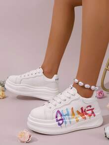 (Thick-Soled White Shoes) Women's Casual Sports, Low-Top 4D Printed 5.5 Cm Thick-Soled Heightened Wedge-Heeled Thick-Soled Sports Shoes, Four-Season Student Shoes, Outdoor Sports Running Shoes, Lace-Up Lightweight Women's Sports Shoes - 米色 - 查看 3