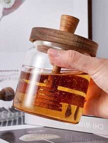 1pc Acacia Honey Pot With Sauce Dipper Integrated Wooden Lid, Glass Container With Sealed Cover, Storage Jar Christmas Gift,School Supplies - one-size - View 12