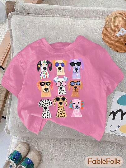 Young Girl Casual Printed Short Sleeved Round Neck T-Shirt,Cute Dog Pattern, New Back To School Season Product, Suitable For Summer,Single Sided Printing,100% Cotton
