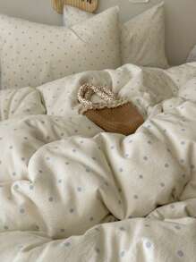 4pcs Bedding Set, Including (1*Duvet Cover + 1*Bed Sheet + 2*Pillowcases, No Filler), Blue & White Polka Dot Pattern, Delicate Print, Machine Washable