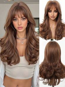 22英寸中长款棕色卷发假发，天然耐热合成假发，适合女性日常佩戴、参加派对和通勤。 - 棕色 - 查看 2