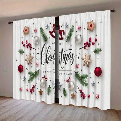 2 pièces Rideaux imprimés numériquement avec motif joyeux de Noël, conception à passants pour un accroché facile, rideaux de protection de la vie privée convenant pour la chambre à coucher, le salon, la cuisine, le bureau, la salle à manger, la salle de jeux, décoration de Noël pour la maison