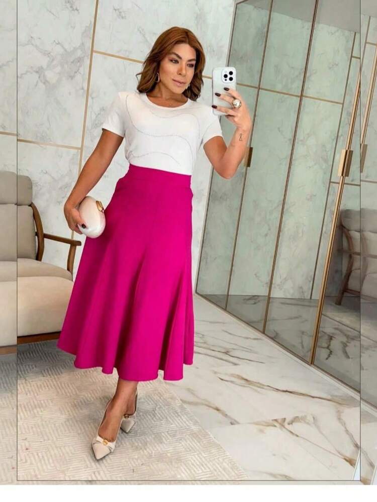 Saia Midi Feminina em Tecido Sensorial – Essencial, Elegante e com Caimento Leve  Simples    Casual - Rosa chiclete - Visão 1